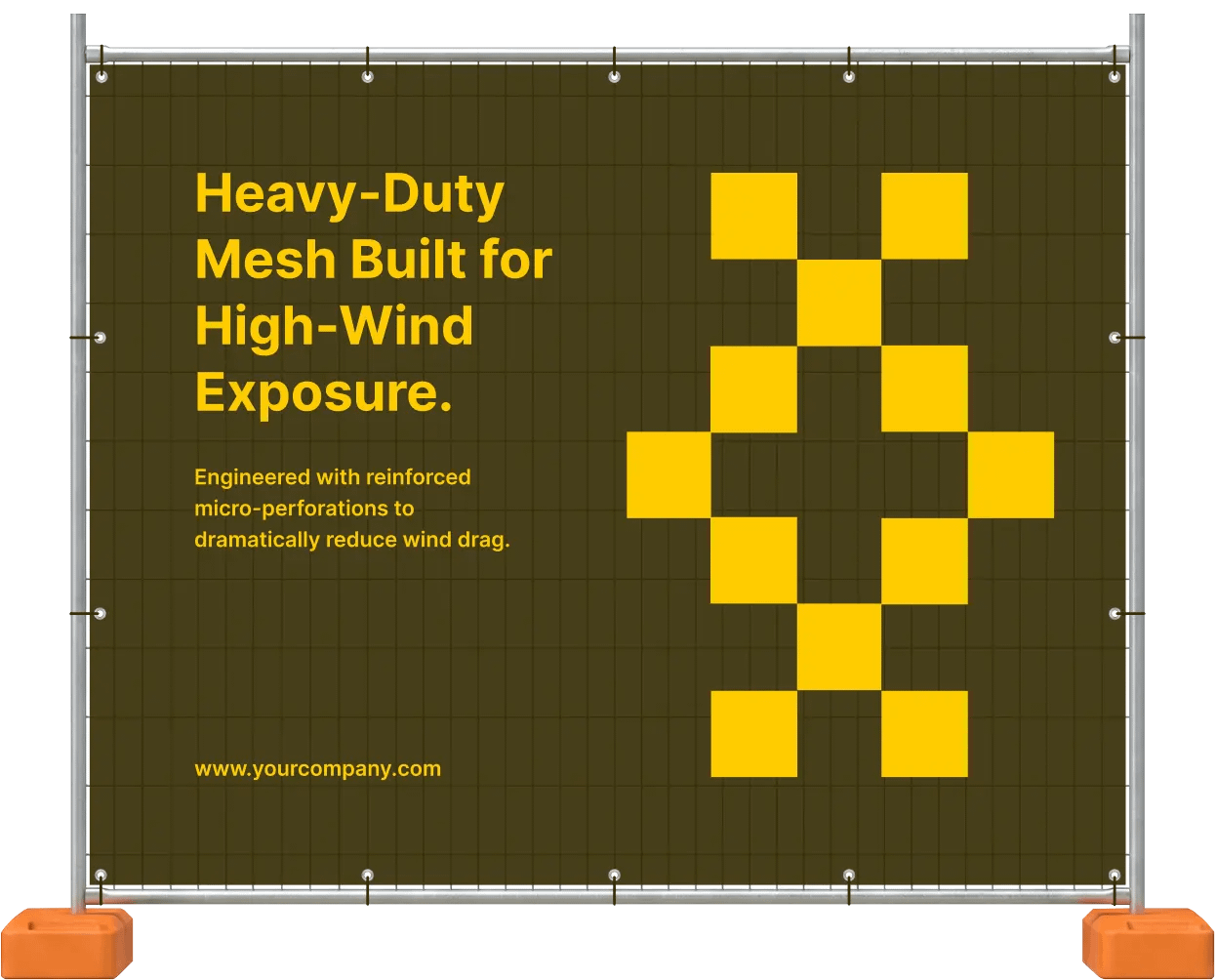 Heavy-duty banner mesh on temporary construction fencing for high-wind sites