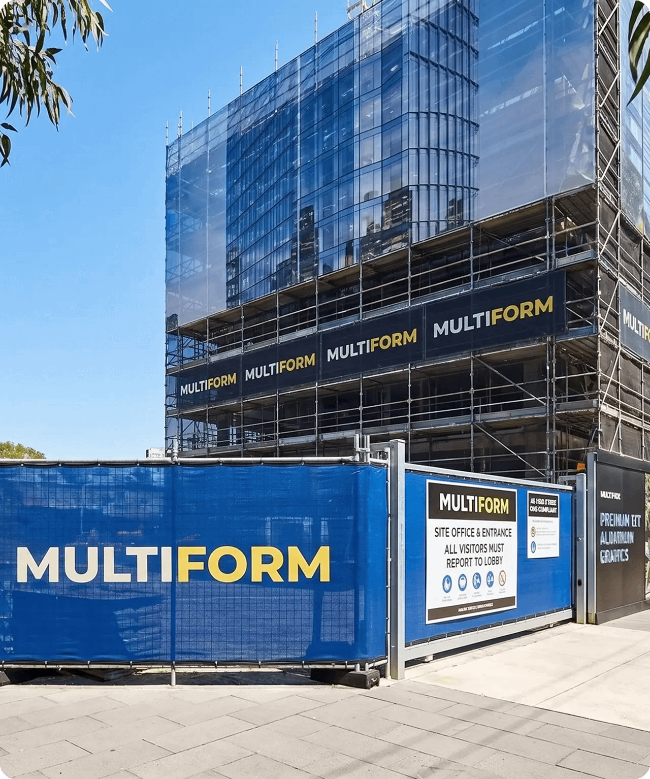 Construction site branding with vinyl hoarding and banner mesh signage, Sydney, NSW.